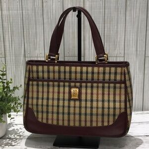 DAKS Vintage Plaid Structured Tote Satchel Burgundy Leather Trim